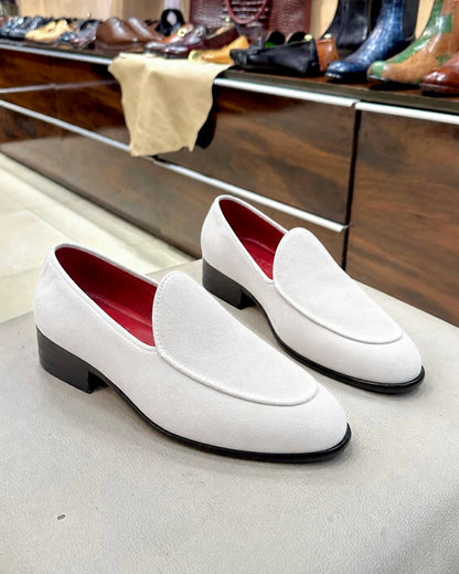 White Suede Belgian Loafers With Red Interior