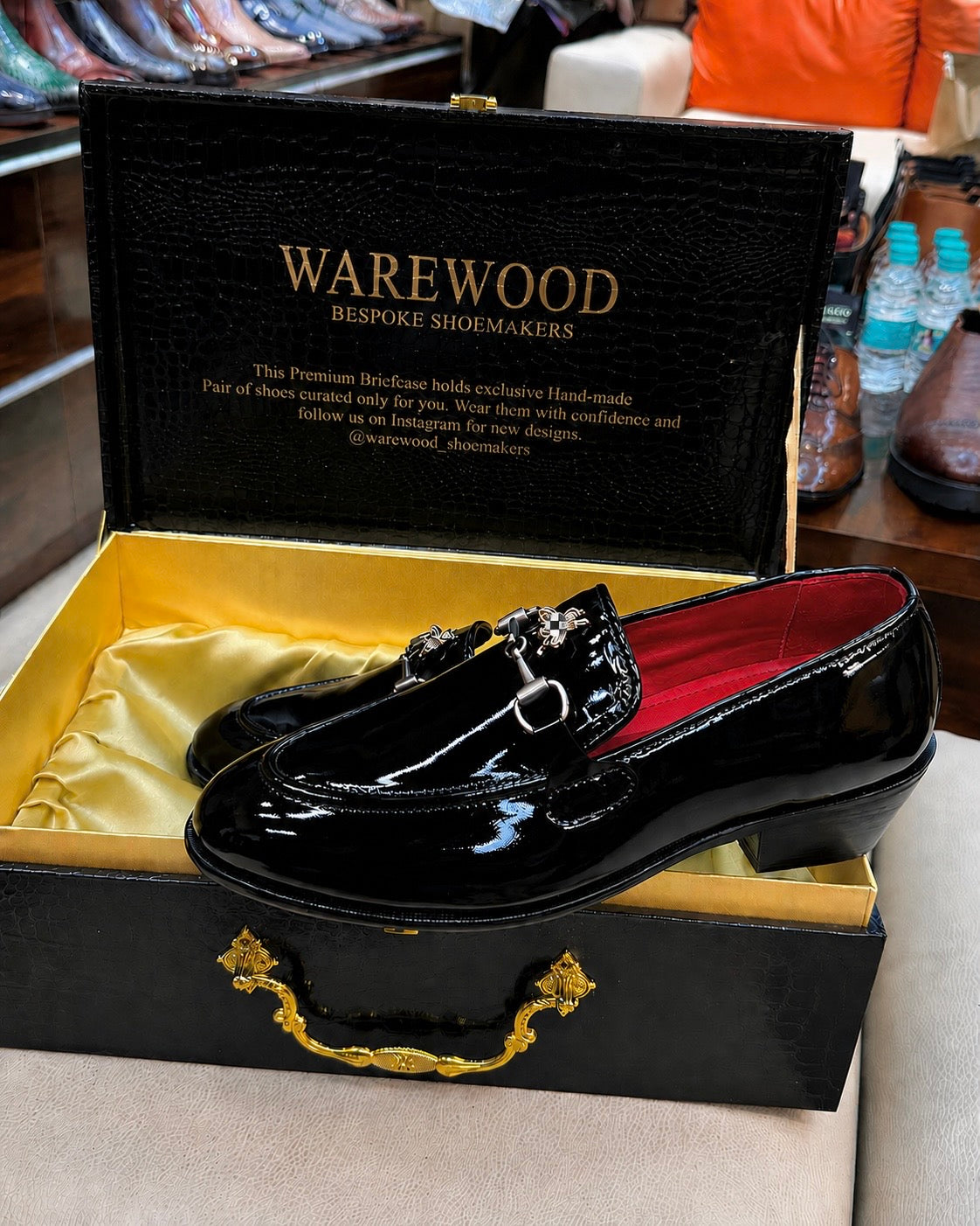 Black Patent Leather Horsebit Loafers With Cuban Heel And Red Interior