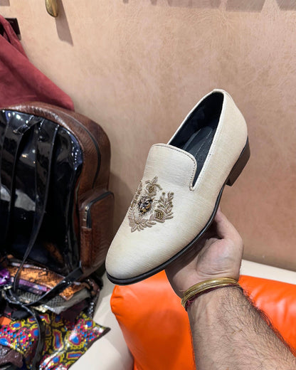 Gold Zardozi Work on Beige Silk Moccasins