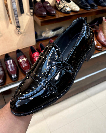 Black Patent Leather Monk Strap Loafers with Gold Rivet Studs