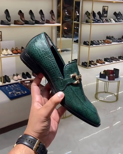 Green Crocodile Scaled Moccasins with Rubber Sole