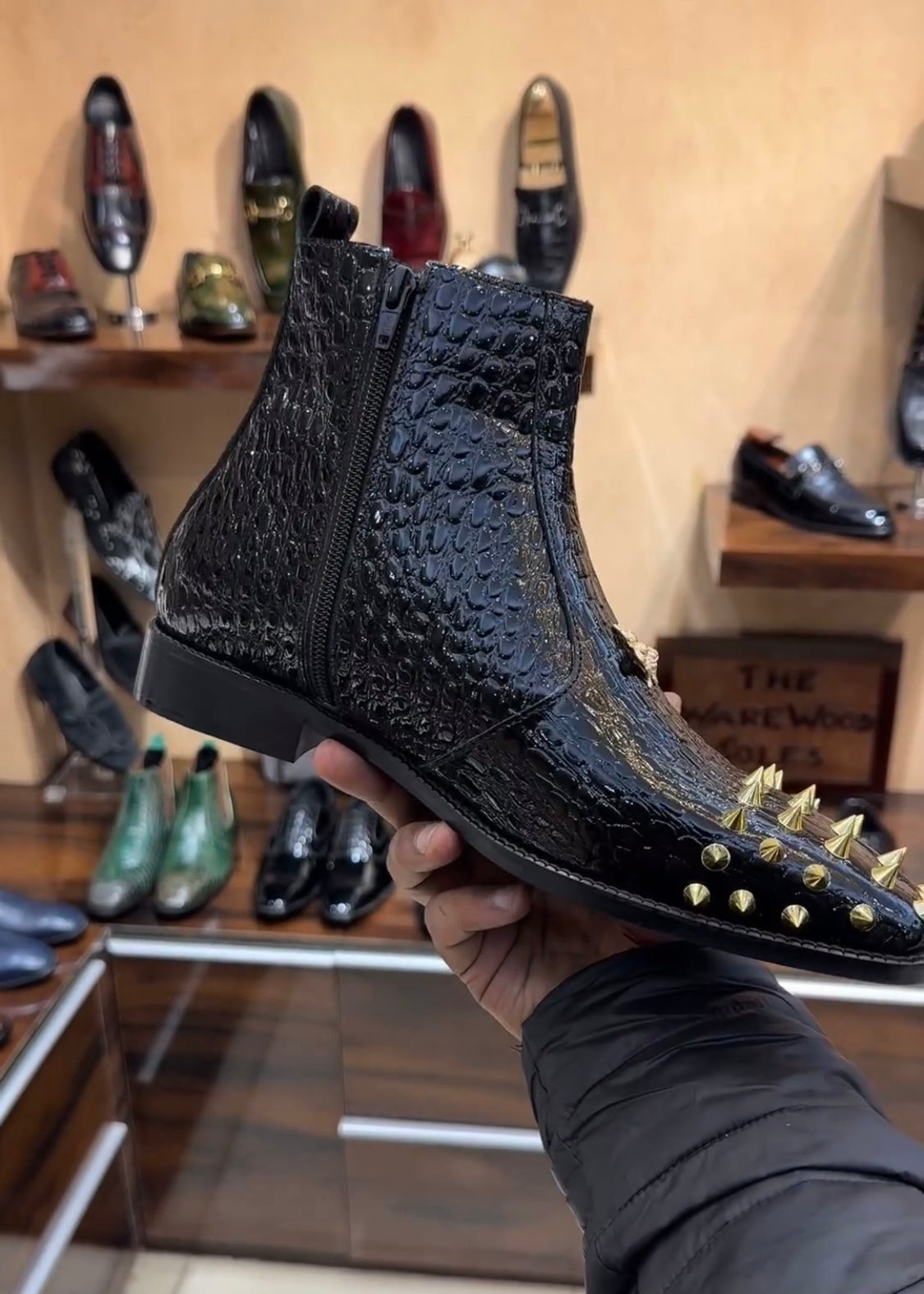 Patent Baby Crocodile Studded Toe Zip Boots