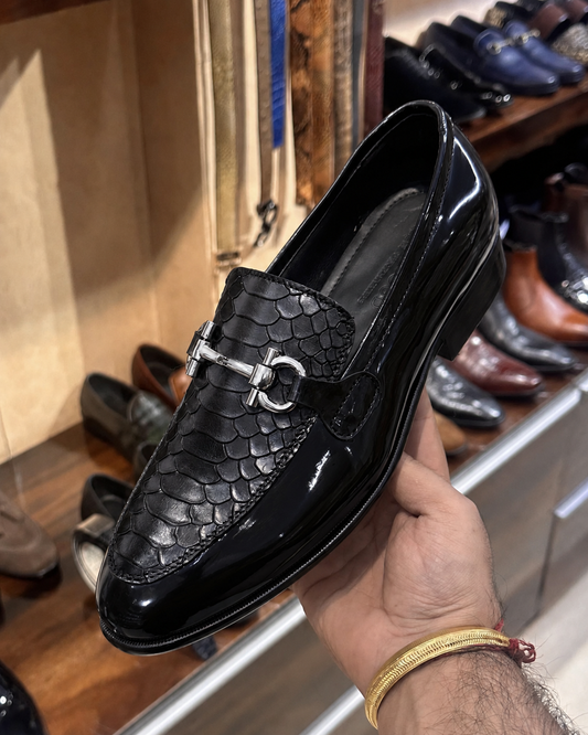 Black Patent Leather & Cobra Scaled Silver Horsebit Loafers