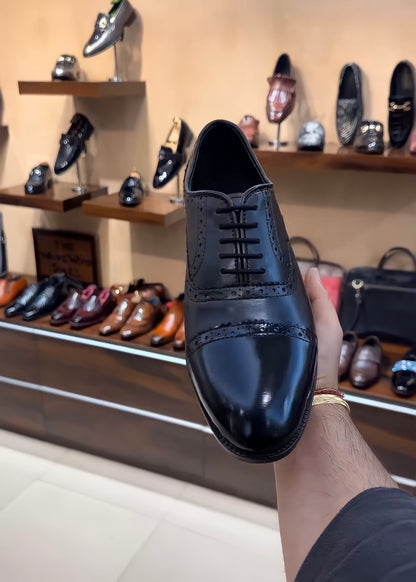 Classic Black Semi-brogue Captoe Oxfords