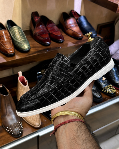 Black Crocodile Scaled Yacht Loafers