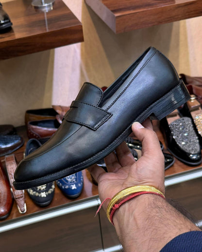 All Black Penny Loafers with Round Toe