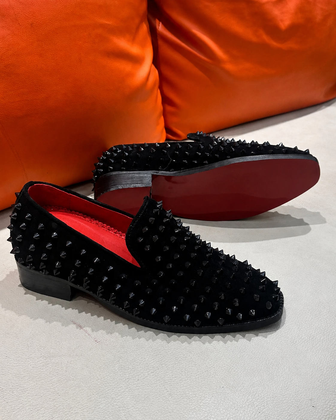 Black Suede Studded Loafers with Red Lining & Red Bottoms