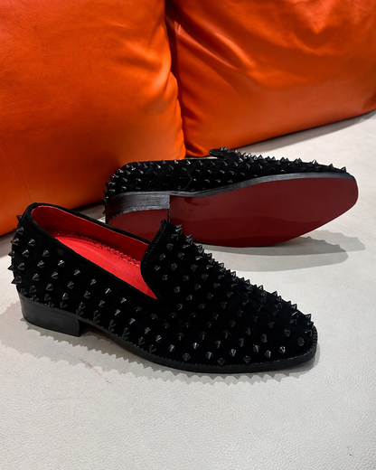 Black Suede Studded Loafers with Red Lining & Red Bottoms
