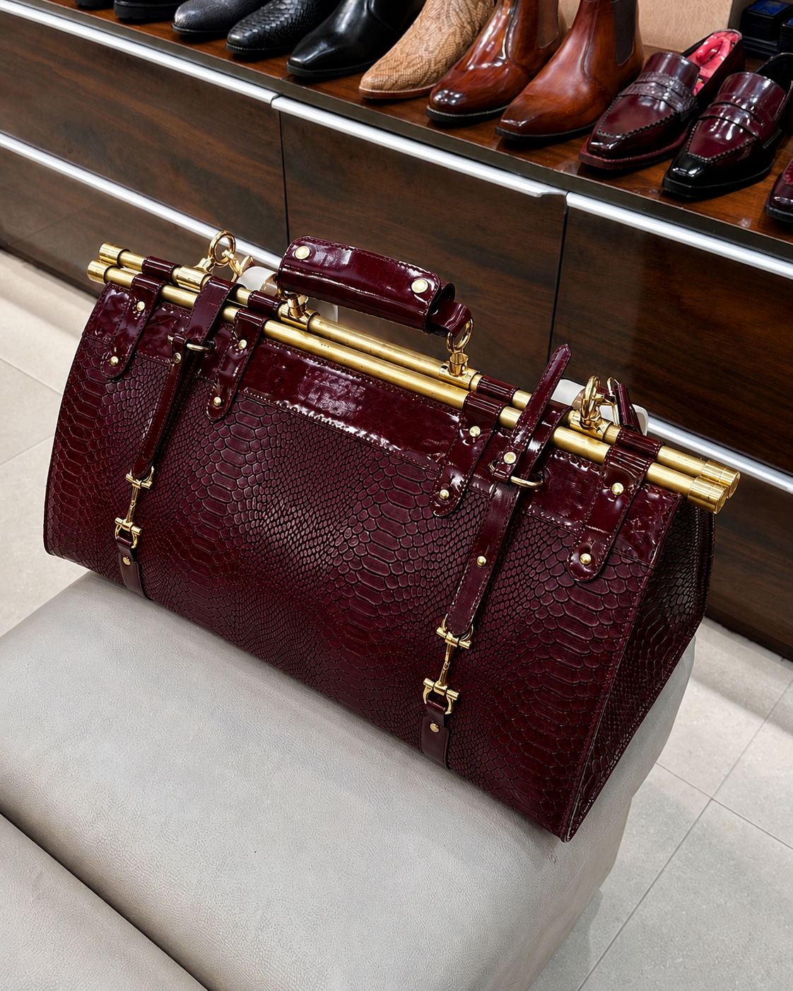 Deep Burgundy Cobra Scaled Duffle Bag with Gold Pipe
