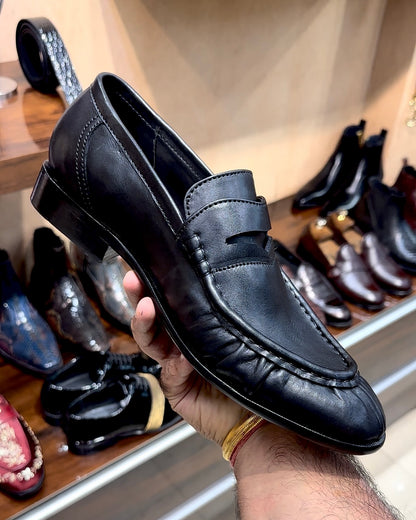 Black Hand-Sewn Apron Penny Loafers