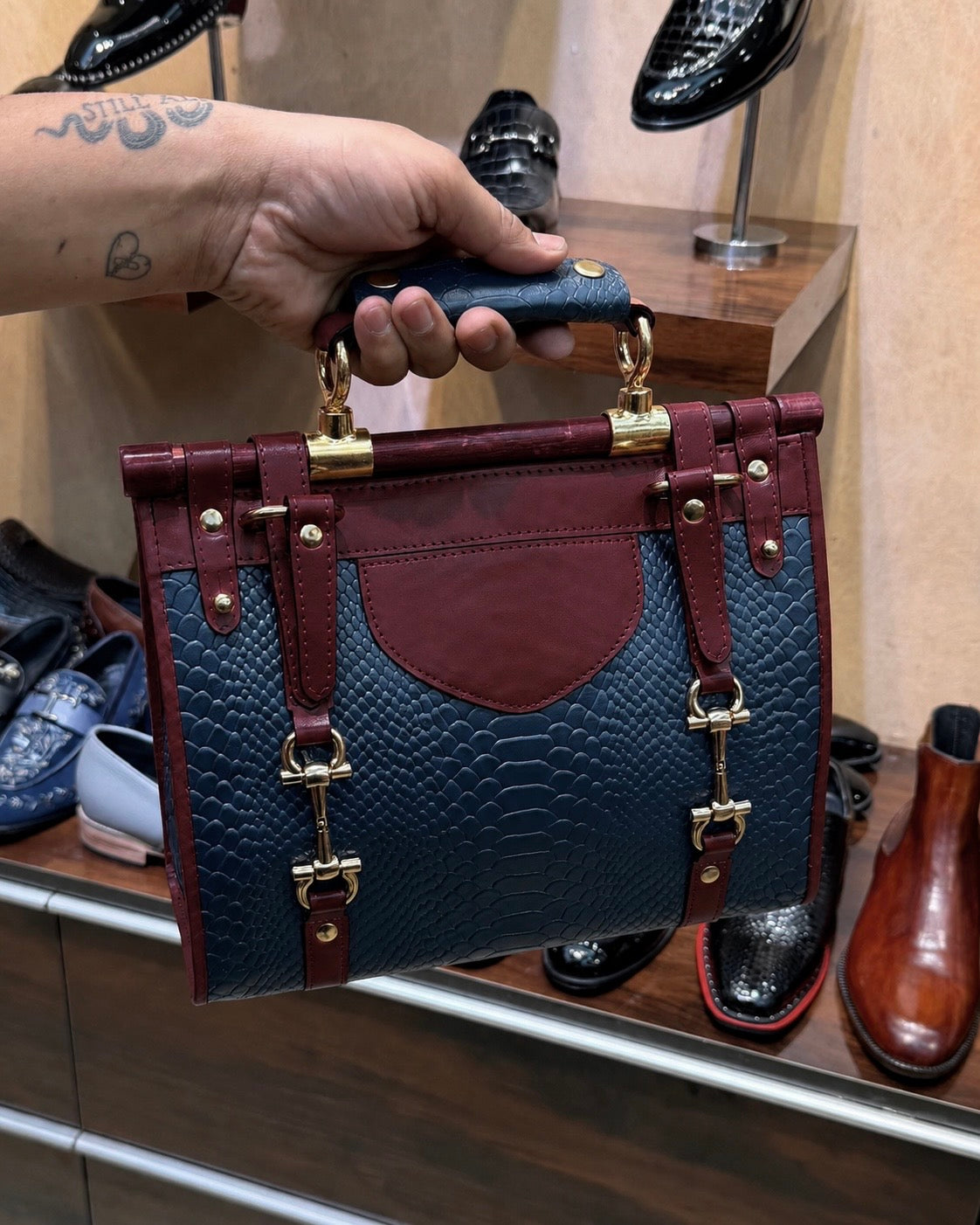 Navy Blue And Burgundy Handbag