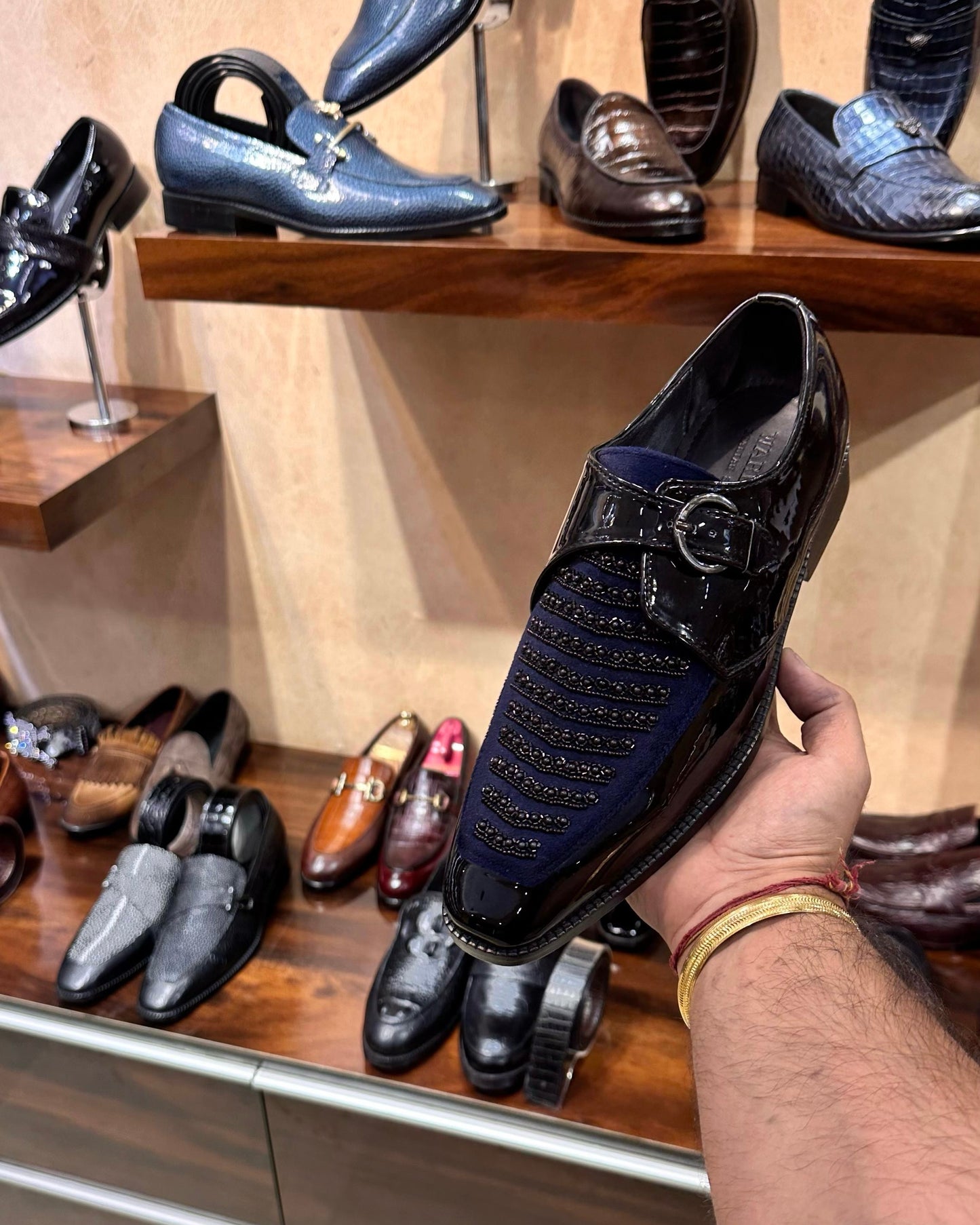 Gloss Black Embroidered Single Monk Strap Shoes