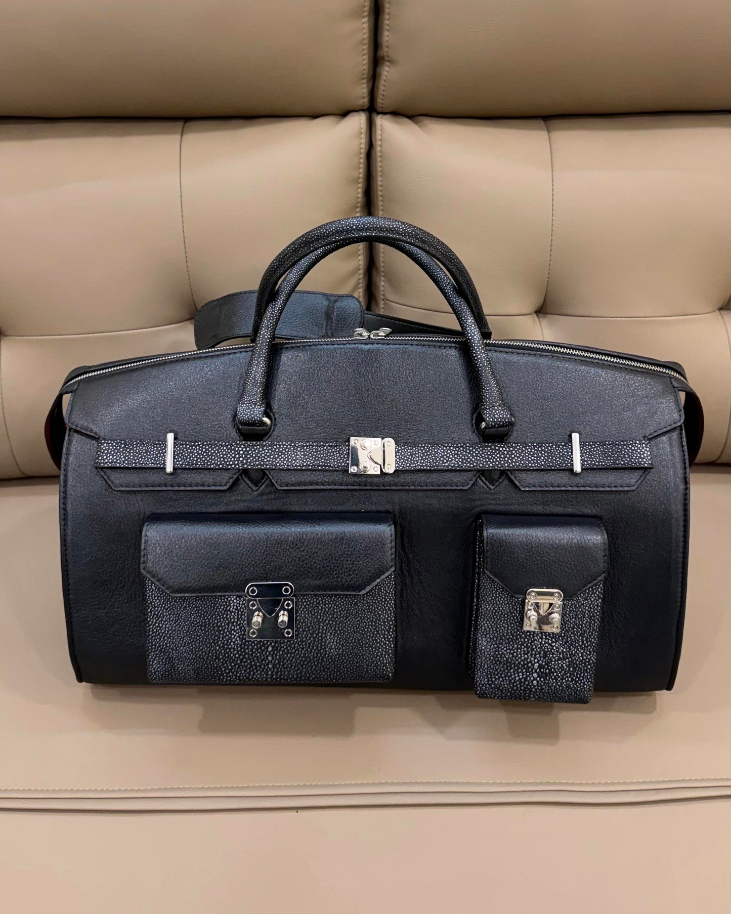 Black Full Grain Leather & Grey Stingray Scaled Leather Duffle Bag