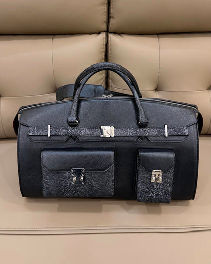 Black Full Grain Leather & Grey Stingray Scaled Leather Duffle Bag