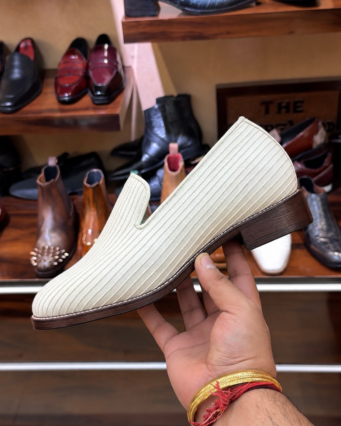 Cream Raw Silk Thread Design Loafers with Brown Sole