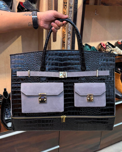 Black Crocodile And Grey Suede Travel Bag With Bottom Shoe Compartment