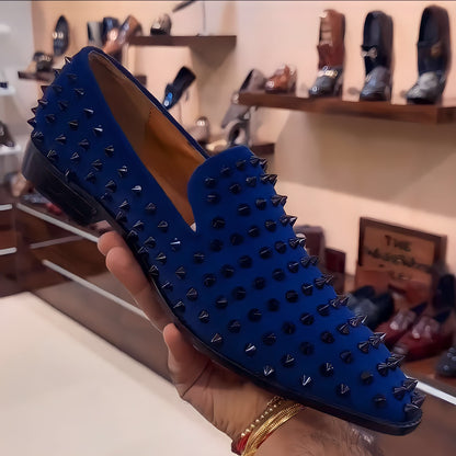 Blue Studded Moccasins with Orange Interior and Red Bottoms