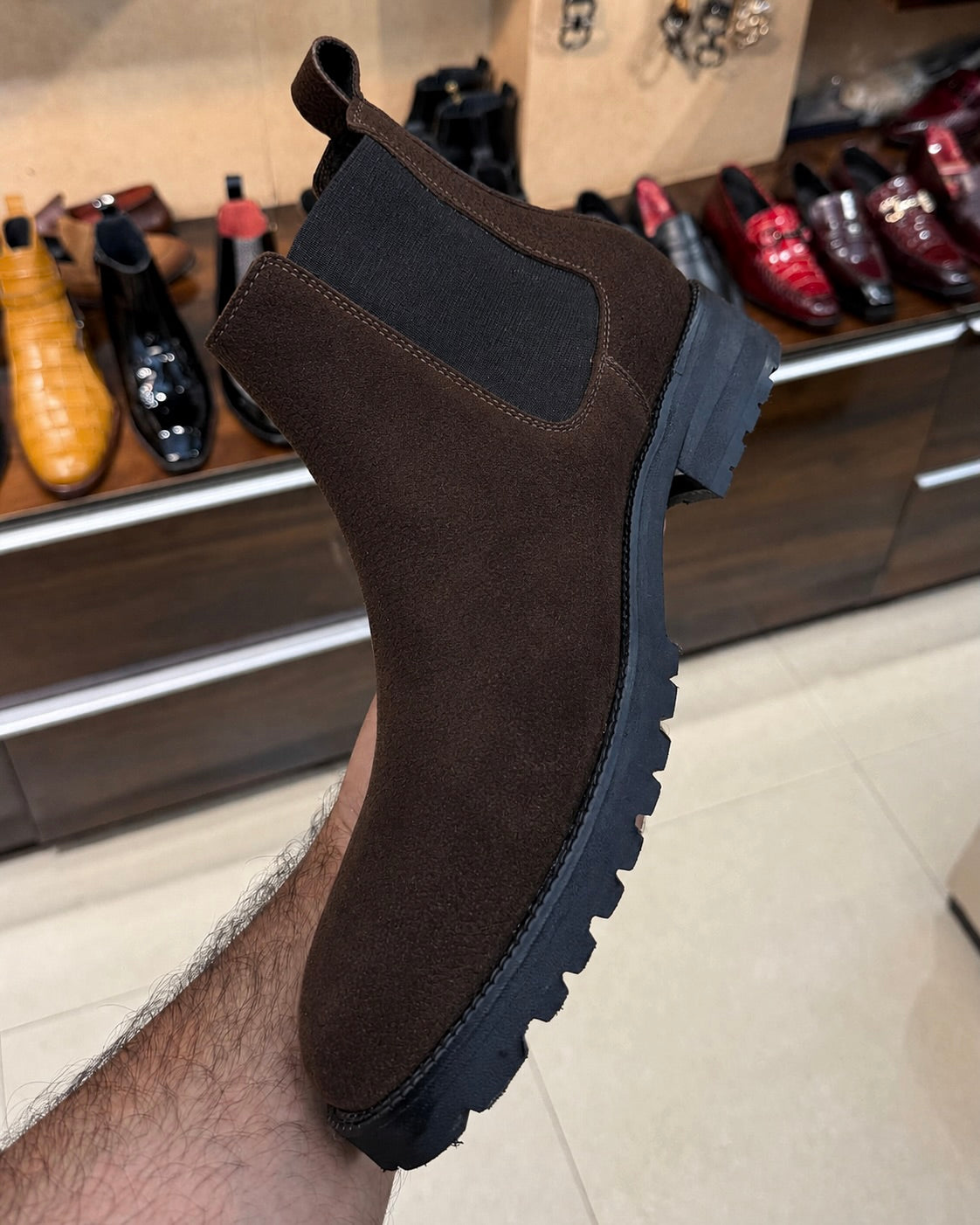 Chunky Dark Brown Suede Lug Sole Chelsea Boots
