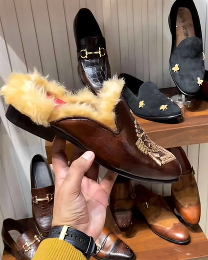 Brown Patina Hand-embroidery Fur Mules