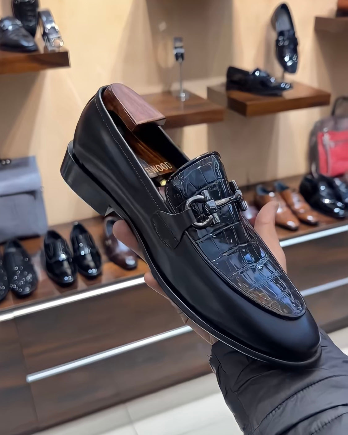Matt Black Patent Croc Scaled Loafers with Silver Buckle