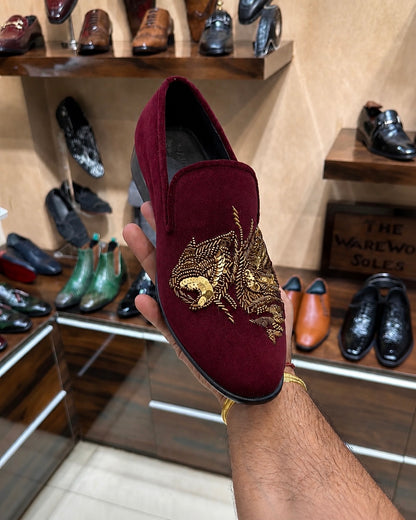 Burgundy Suede Gold Tiger Hand-embroidered Loafers