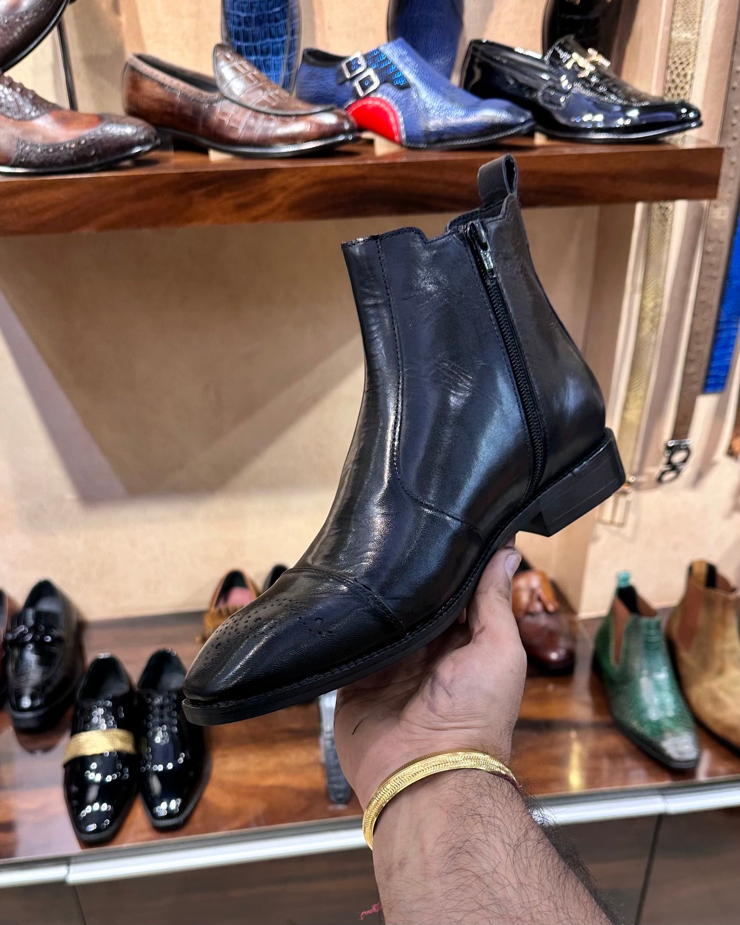 Classic Black Calf Leather Zipper Boots