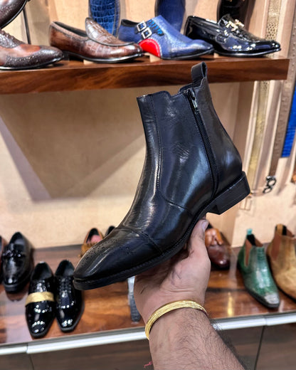 Classic Black Calf Leather Zipper Boots
