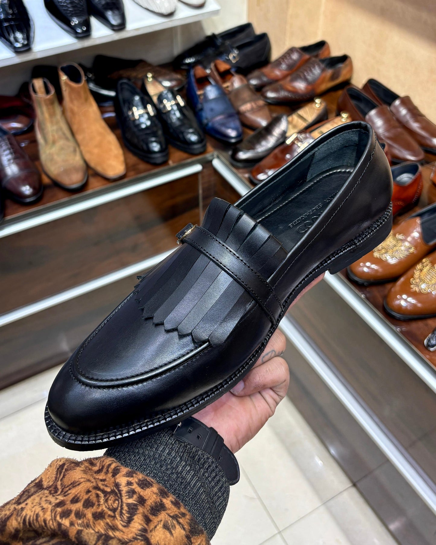 Black Fringe Loafers with Rubber Sole