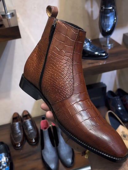 Tan Patina Crocodile Scaled Zipper Boots