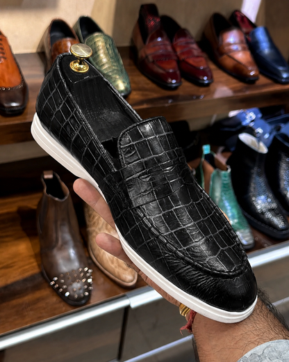 Black Crocodile Scaled Yacht Loafers