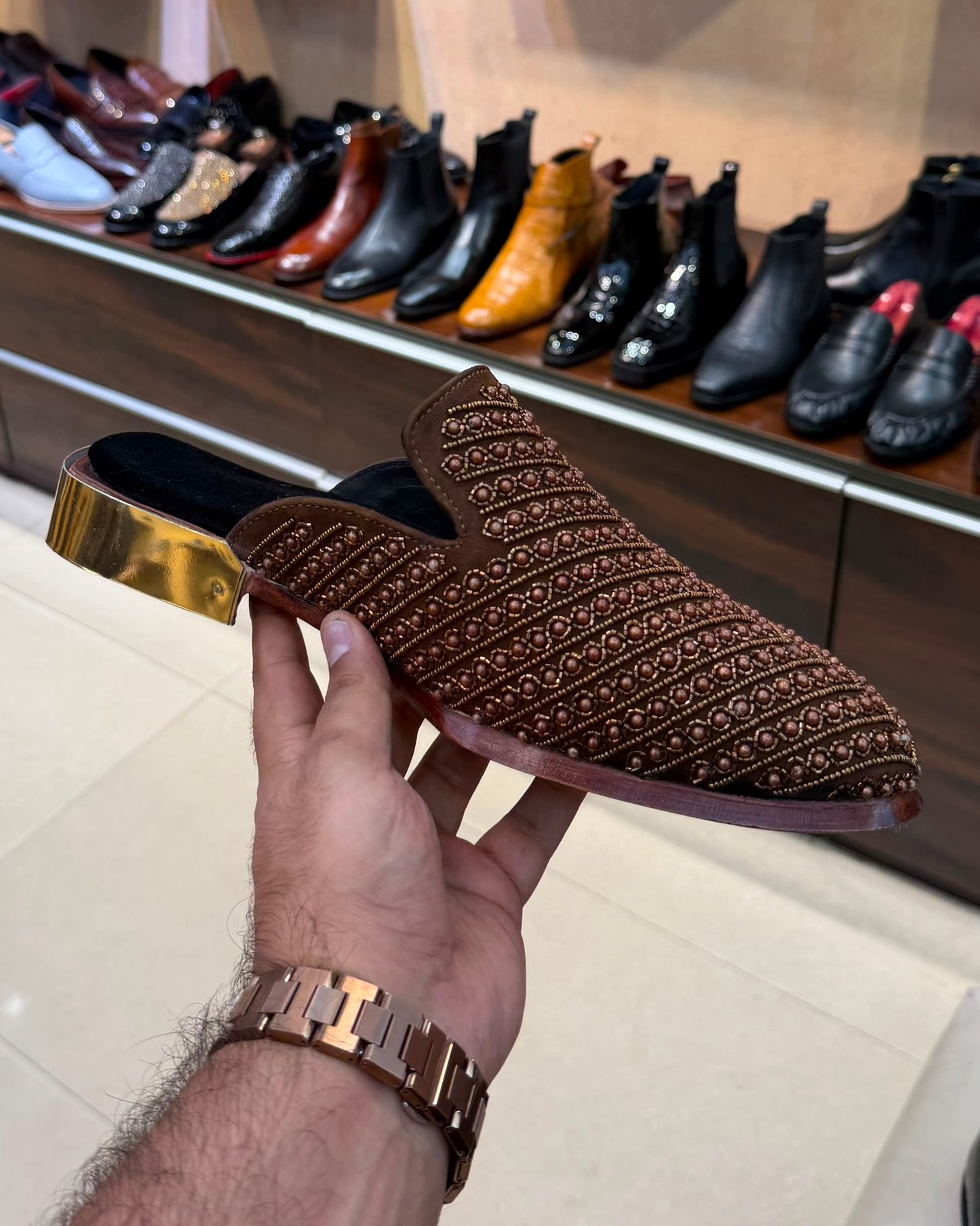 Brown Suede Hand-embroidered Mules With Gold Heel