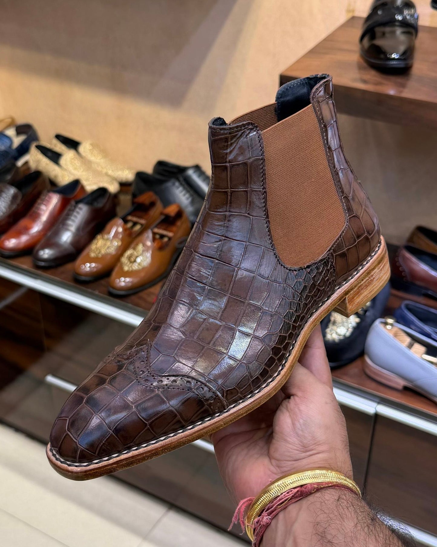 Brown Crocodile Scaled Chelsea Boots with Natural Leather Sole