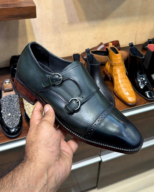 Hand-dyed Teal Green Double Monk Strap Shoes