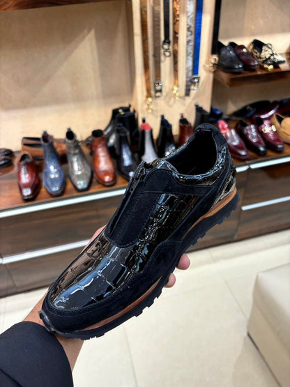 Black Suede & Black Patent Croco Zipper Sneakers