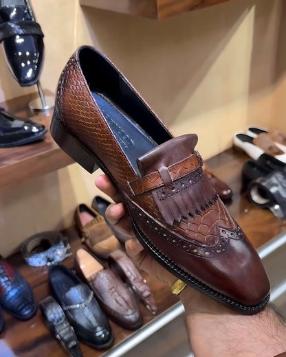 Dual-tone Brown Patina Fringes Moccasins
