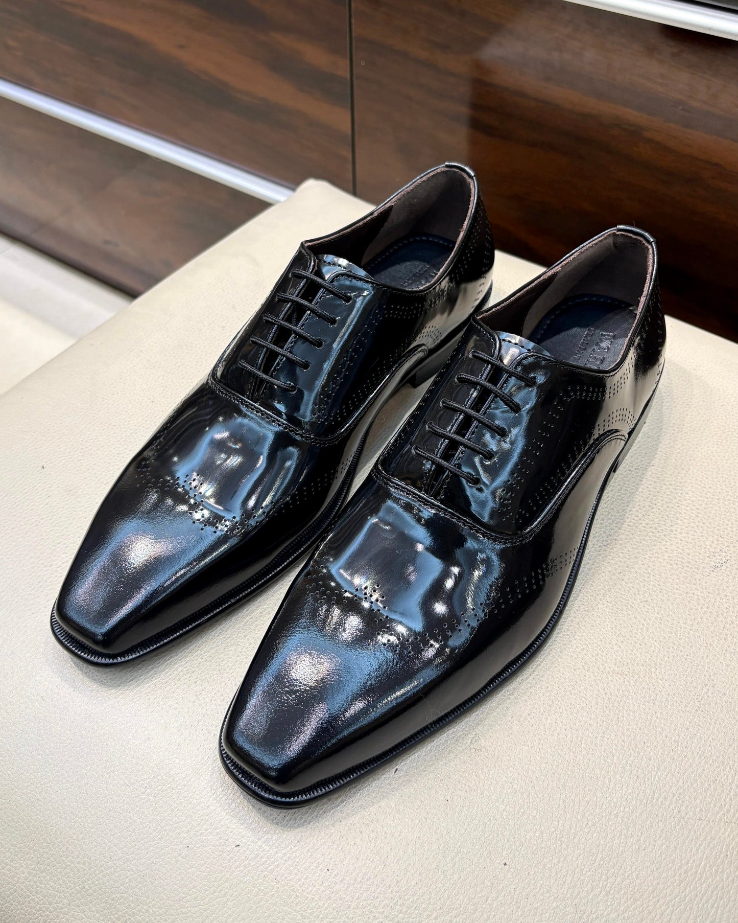 Black Smooth Calf Leather Oxfords with Perforations