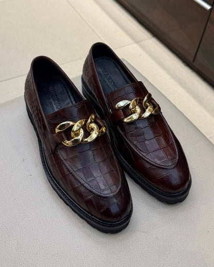 Dark Brown Croco Gold Chain Lug Sole Loafers