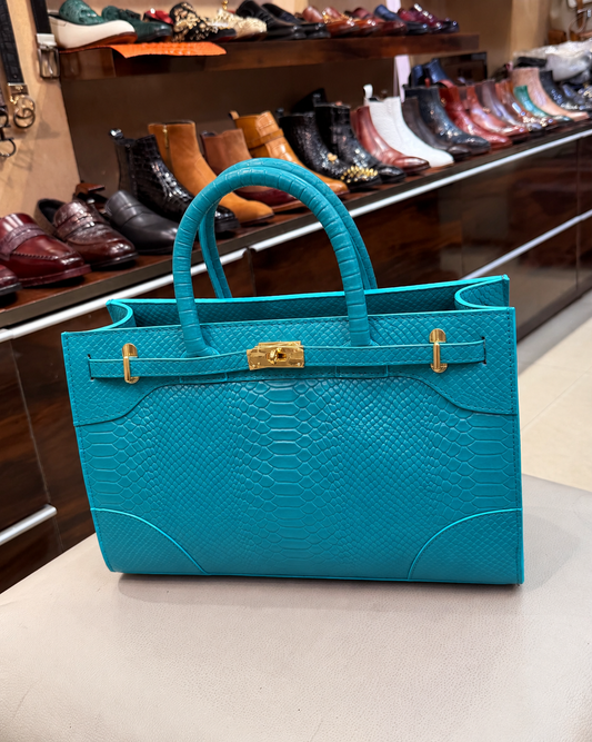 Turquoise Blue Cobra Scaled Top Handle Handbag