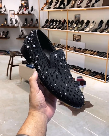 Black Velvet Studded Slip-ons