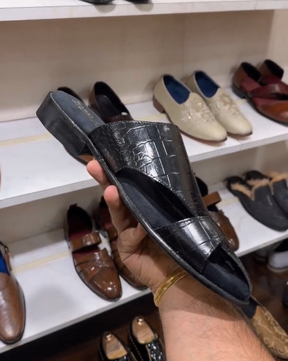 Black Crocodile Scaled Mules