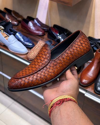 Burnished Tan Hand-woven Leather Belgian Loafers