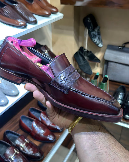 Wine Patina Penny Croc Strap Loafers with Hand-made Leather Sole