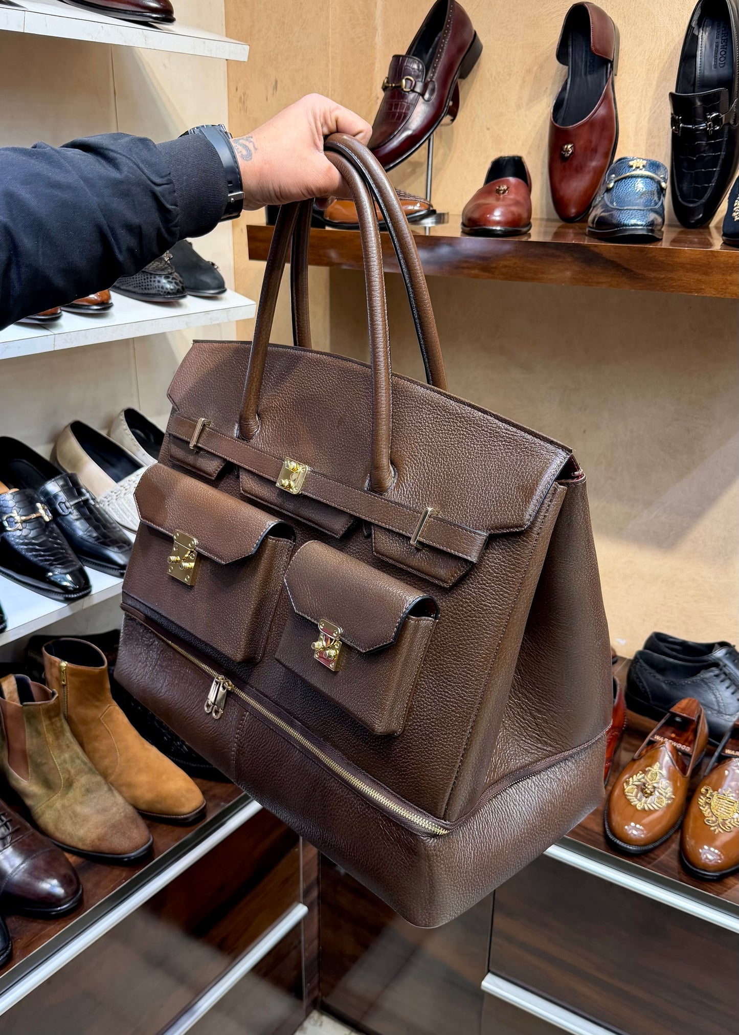 Brown Full Grain Pebble Leather Travel Bag with Bottom Shoe Compartment