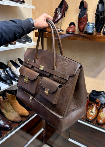 Brown Full Grain Pebble Leather Travel Bag with Bottom Shoe Compartment