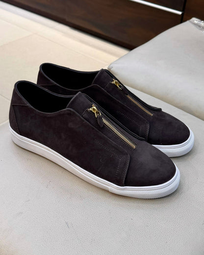 Dark Brown Suede Low-top Sneakers with Gold Zip