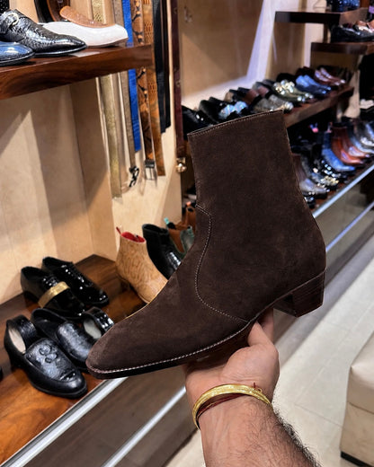 High-top Dark Brown Suede Boots With Cuban Heel