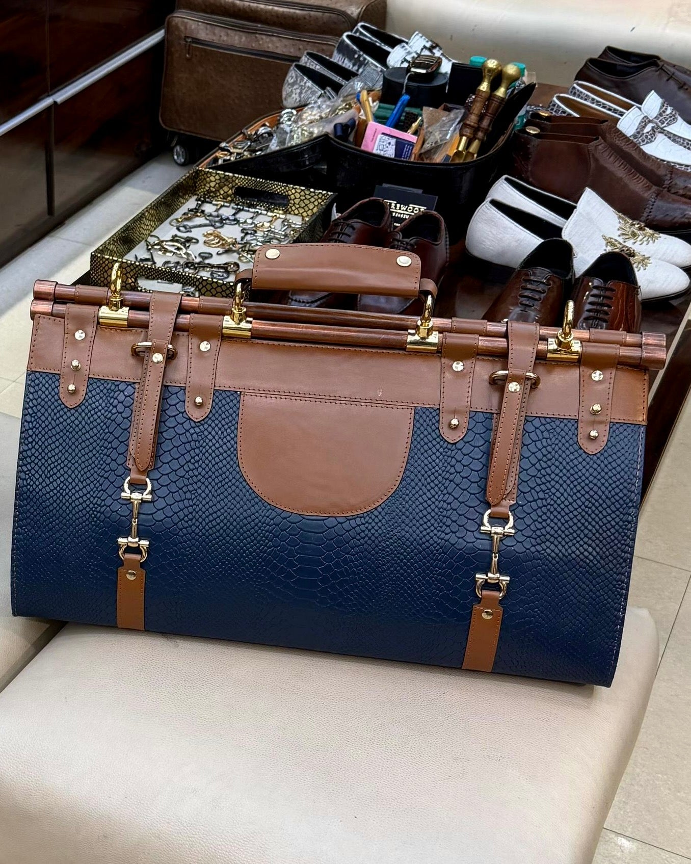 Navy Blue & Medium Brown Duffle Bag