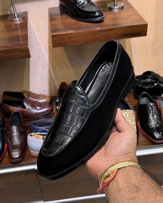 Black Suede & Black Croco Belgian Loafers