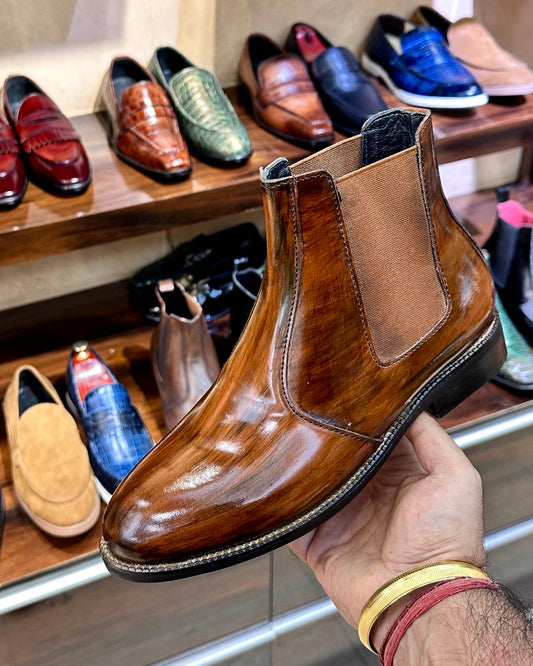 Mirror Gloss Tan-brown Patina Chelsea Boots