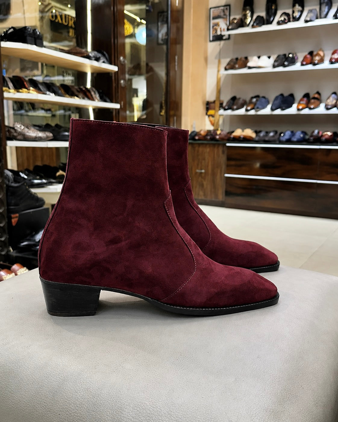 High-top Burgundy Suede Boots With Cuban Heel